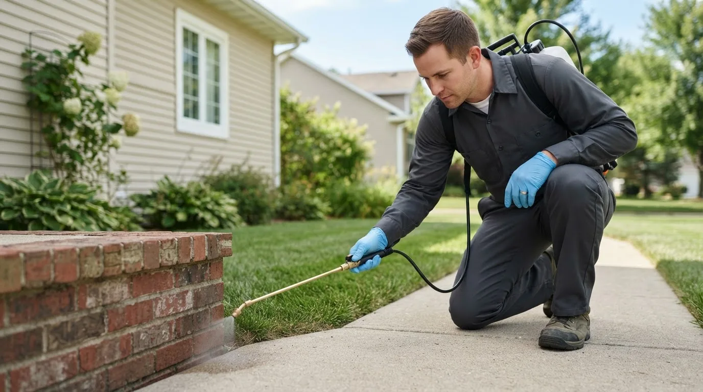 Pest control technician treating a home near Woodsboro, TX