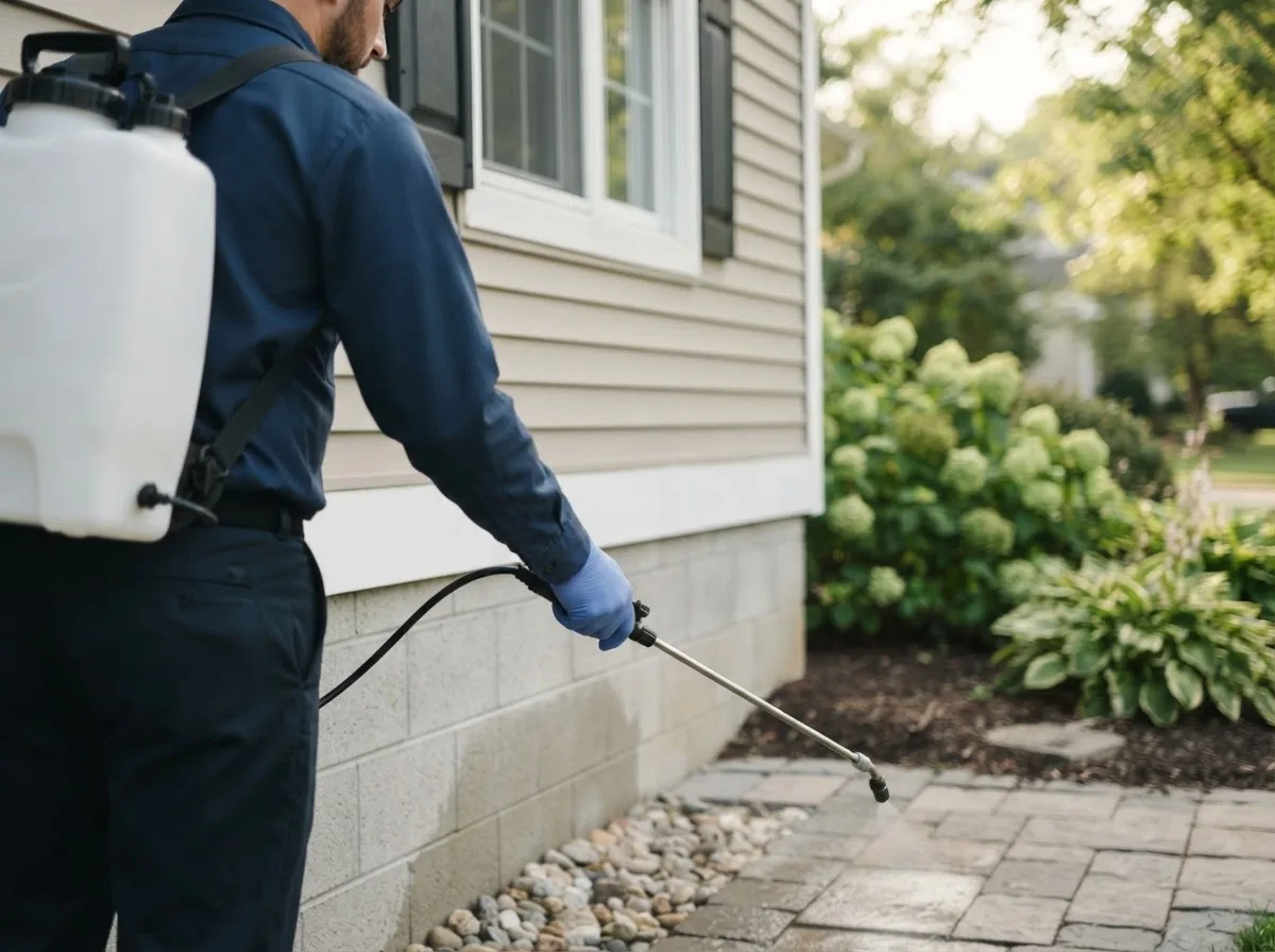 Pest control technician inspecting a home in Woodsboro, TX